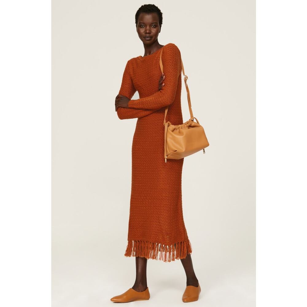Pamela Love Orange Fringe Long Sleeve Knit Sweater Midi Dress Size XL